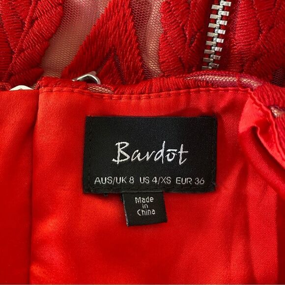 Bardot Lipstick Red Mesh Lace Embroidered Sheath Dress Sz 4/XS - Picture 9 of 14
